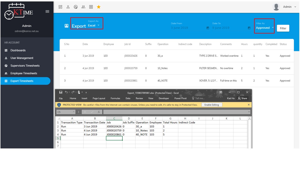 KTime Export to CSV Excel