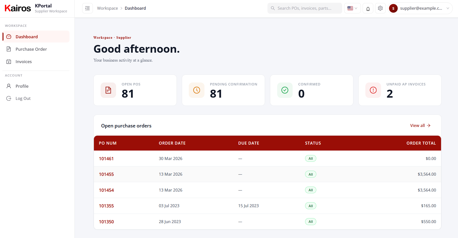 Kairos Supplier Portal Dashboard
